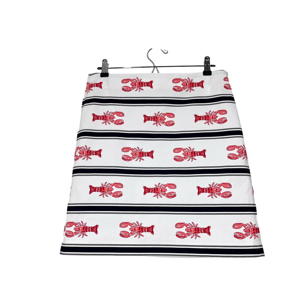 Talbots White Mini Skirt with Red Lobster Print and Black Stripes